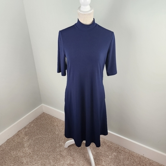 Susan Graver Liquid Knit Mock Neck Elbow Sleeve Dress With Side Pockets Size XS - Picture 4 of 13